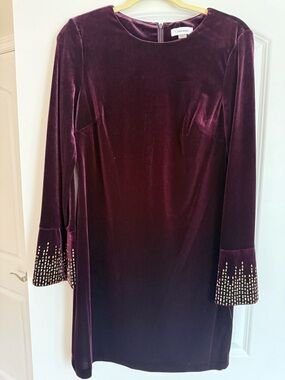 Calvin Klein Velvet Long-Sleeve Dress in Plum with Embellished Cuffs